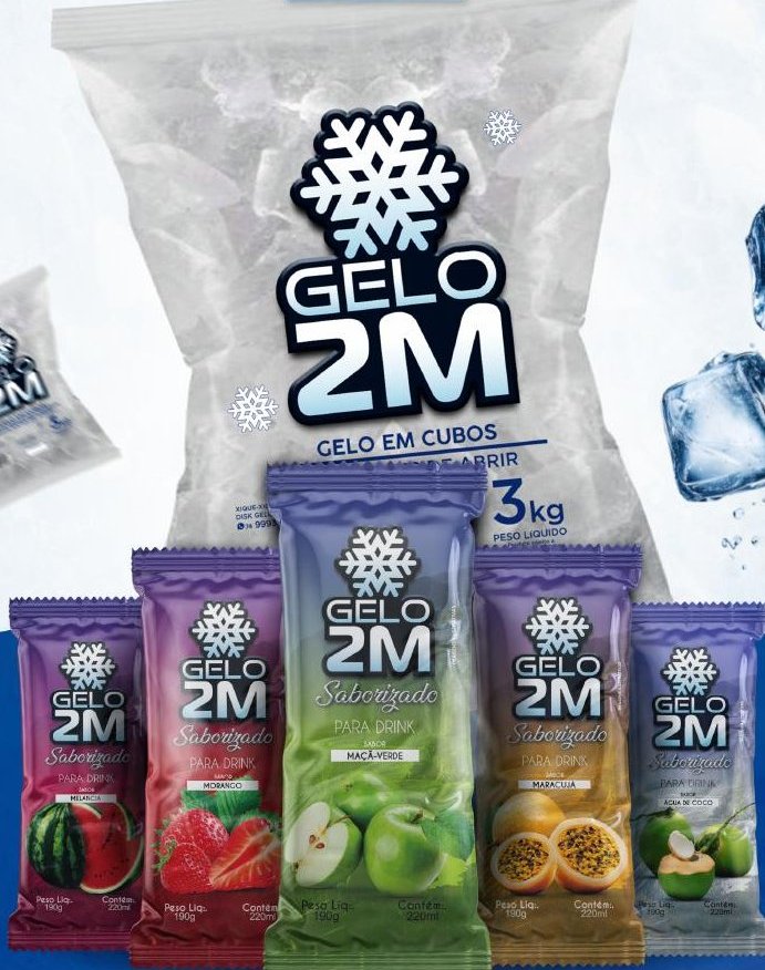 Pacote de gelo em cubos 3kg e gelos saborizados Gelo 2M
